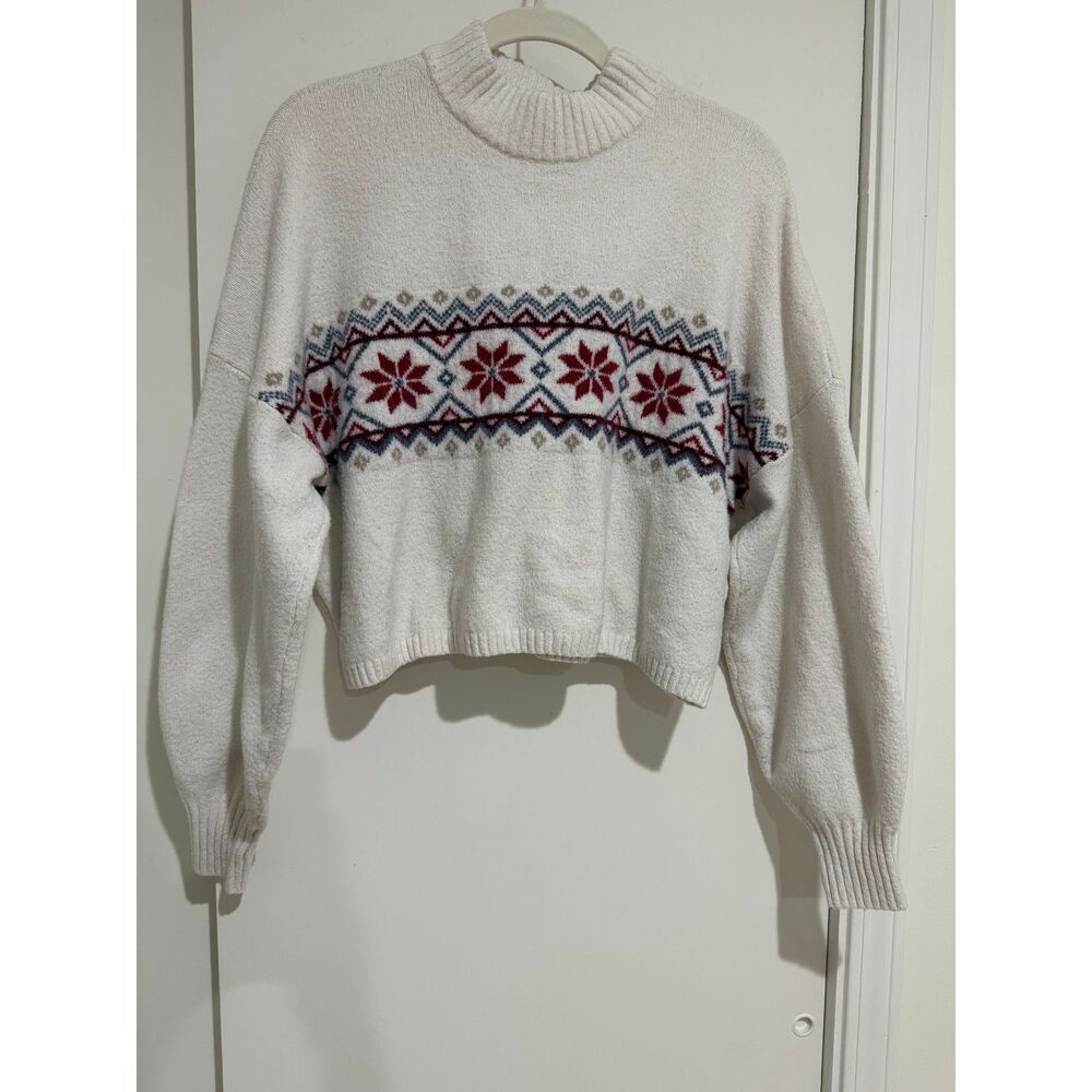 Hollister Cream Fair Isle Snowflake Cropped Mock Neck Sweater Size L